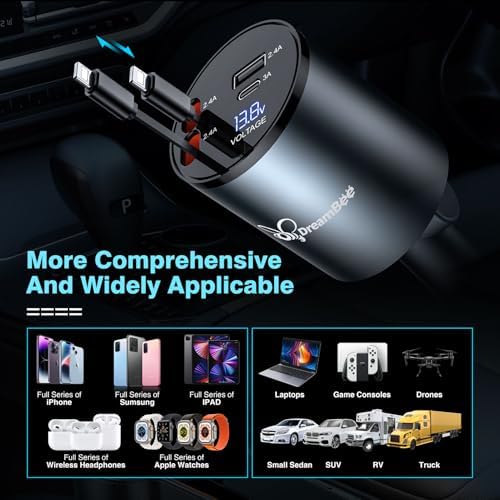 Ultimate 68 W 4-in-1 Retractable Car Charger – Rapid Dual USB Charging Adapter for i Phone 15/14/13/12 Pro Max, Samsung, Pixel & More – Tangle-Free Cables (31.5 inches) for On-the-Go Convenience and Enhanced Device Compatibility