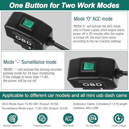 MEIRIYFA OBD OBD2 Power Cable for Dash Camera OBD to USB Type C Right Angle Hardwire Charger 90° Degree Wire Cord,12V-24V to 5V 3A 24 Hours Surveillance/Acc Mode with Switch Button (USB Type C) – Enhanced Compatibility and Speed