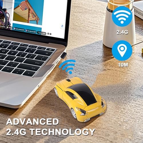 Sleek Yellow Wireless Car Mouse – Cool Sports Car Design for Enhanced Precision with 1600 DPI Optical Technology | Lightweight & Portable USB Receiver Mouse for Laptops, PCs, and Travel | Perfect Gift for Tech Lovers and Professionals