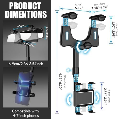 Revolutionize Your Driving with the Unifizz 360-Degree Rotatable Rear View Mirror Phone Holder – Universal Hands-Free Smartphone Mount for i Phone 11-14 Pro Max & Samsung Devices – Space-Saving Retractable Design for Effortless Navigation & Communication – Enhance Safety and Accessibility While You Drive