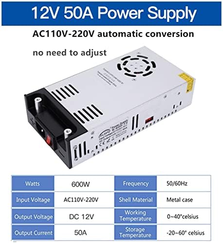 High-Power 600 W AC to DC Converter – 12 V Adjustable Voltage Transformer for LED Strips, LCD Monitors, CCTV Systems, and 3 D Printers – Robust 50 A Output with Dual Clamp Wires for Enhanced Compatibility and Seamless Performance