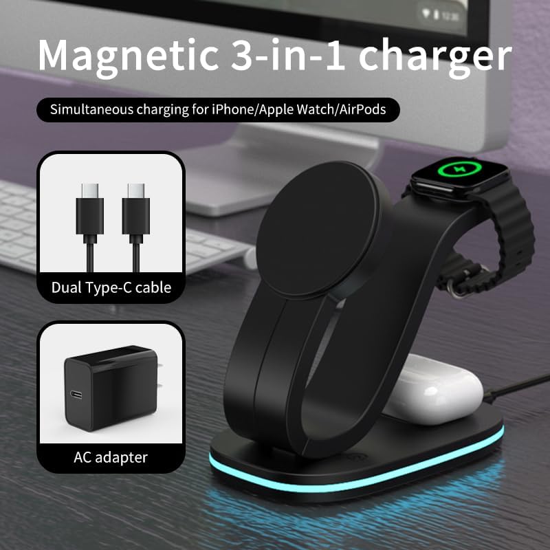 Ultimate 3-in-1 Qi2 Wireless Charging Station with 30 W USB-C Fast Adapter – Sleek Mag-Safe Charger Stand for i Phone 16, 15, 14 Pro Max, Apple Watch Series 10, 9 & Air Pods 4, 3 Pro – Enhanced Efficiency & Safety Features for Multi-Device Charging Convenience Experience unparalleled charging efficiency with our state-of-the-art 3-in-1 Wireless Charging Station, specifically crafted for Qi2-compatible devices. This advanced Mag-Safe charger stand delivers an impressive 15 W fast charge for your i Phone, 2.5 W for your Apple Watch, and 3 W for your Air Pods, ensuring a swift power-up for all your essentials. Engineered with a 30 W USB-C adapter, our charging station guarantees safety and stability, featuring intelligent current balancing and multi-level protection mechanisms against overheating and overcharging. The sleek design includes an adjustable LED nightlight, providing a soothing ambiance while conserving space on your nightstand or desk. With precise magnetic alignment for effortless device placement, enjoy a hassle-free charging experience while keeping your devices secure. Perfect for modern lifestyles, this charging solution combines functionality and aesthetics seamlessly. Elevate your charging routine with this indispensable accessory!