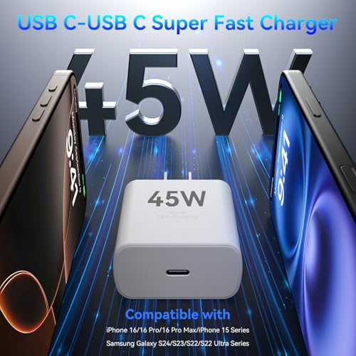 High-Speed 45 W USB-C Wall Charger for i Phone 16 Pro Max – Includes 6 FT Long Charging Cable for Ultimate Flexibility and Rapid Power Boost – Perfect for i Phone 16 Series & Samsung S24 – Compact Design with Advanced Safety Features
