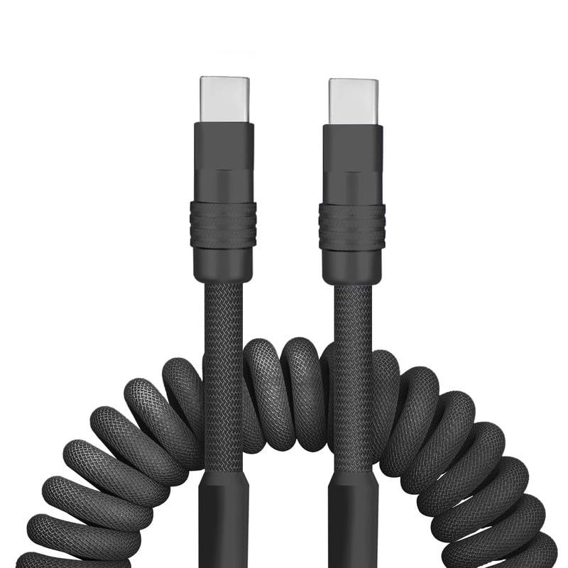 Dynamic Curly Chubby Coiled USB C Cable: 240 W Fast Charge Retractable Spiral Braid Cord for Carplay & Android Auto, Versatile Length 2.29 FT to 3.6 FT, Sleek Black and Red Design, Enhanced Compatibility for All USB-A to Type-C Devices