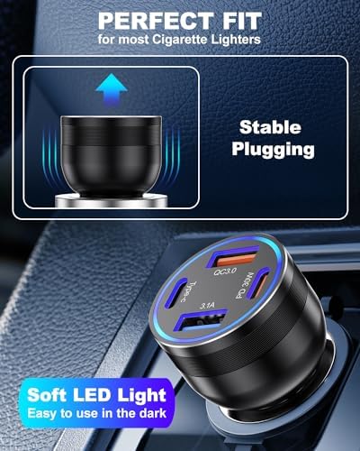 Agtray 65 W 4-Port Fast Charging Car Charger with 6 FT USB C Braided Cable – High-Performance USB C Adapter for i Phone 16, Samsung Galaxy S25, and Pixel 9 – Ultimate Multi-Device Charging Solution for Road Trips and Daily Commutes – Compact, Durable, and Safety-Enhanced Car Accessory