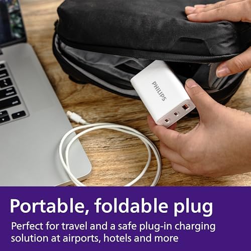 Philips 65 W Ga N Fast Charging Wall Charger – 3-Port USB-C & A Power Adapter for i Phone 15/16 Series & i Pad Pro – Compact, Foldable Design for Ultimate Portability – Efficient Multi-Device Charging Solution