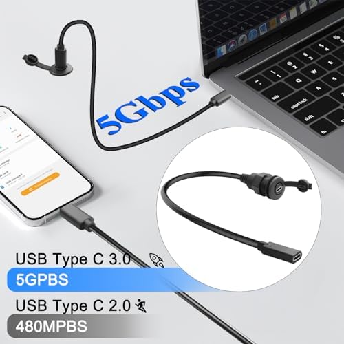 QIANRENON USB C 3.0 Female to Female Bulkhead Mount Adapter – 5 Gbps High-Speed Data Transfer & 60 W Rapid Charging Cable for Furniture, Vehicles, RVs – Compact 30 cm Connector for Enhanced Versatility & Secure Installation