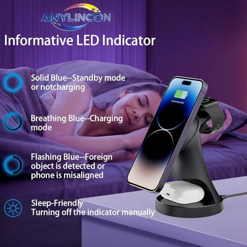 All-in-One 3-in-1 Magnetic Wireless Charging Station for Apple Devices – 18 W Fast Mag-Safe Charger Dock Compatible with i Phone 12-16, Air Pods & Apple Watch – Streamlined Design for Ultimate Convenience and Safety Features