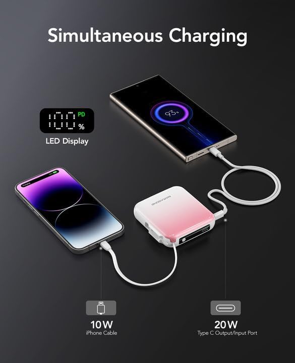 Ultra-Compact 10,000 m Ah Mini Power Bank – Fast Charging 20 W Dual Device Charger with Built-In Cables for i Phone, Samsung, Google & More – Perfect Travel Companion for On-the-Go Power Needs
