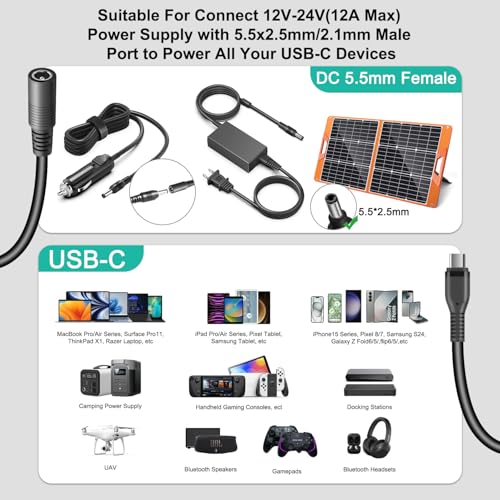 HKY PD100W DC5525 to USB-C Charging Cable DC5.5mmx2.5mm Round Female to Type-C Charger Power Adapter Cable for Laptop Tablet Phone Porable Power Station & All USB-C Connector Device – Enhanced Compatibility and Speed