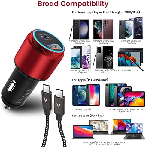 VELOGK 73 W Turbo USB-C Car Charger – Ultra-Fast Adaptive 55 W & 45 W PPS/PD & QC3.0 Adapter for Samsung Galaxy S25/S24/S23/S22+/S21/S20 & i Pad Pro – Compact Green Design with Advanced Safety Features for Rapid On-the-Go Charging