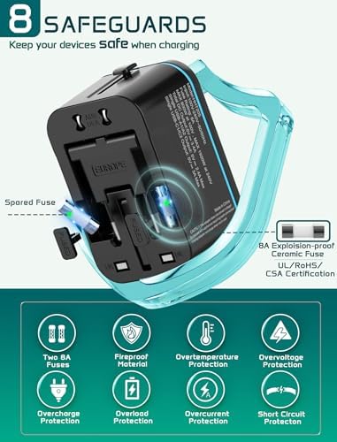 Global Travel Power Adapter with Dual USB-C & USB-A Ports – Compact 240 V AC Charger for International Use in EU, US, UK, AUS – Fast Charging Solution for Modern Travelers – Sleek, Lightweight Design (Black/Blue)