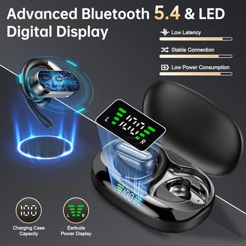 Vibe Haven Bluetooth 5.4 Sports Earbuds: Ultra-Lightweight IPX7 Waterproof Wireless Headphones with Secure Earhooks, Enhanced ENC Noise Cancellation for Superior Call Clarity – Ideal for Active Lifestyles, Intense Workouts, and Daily Commutes – Ergonomically Designed for Comfort and Unrivaled Sound Quality