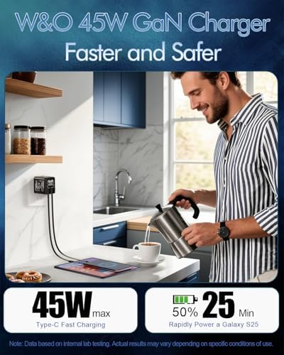 Revolutionize Your Charging Experience with the W&O 45 W Ga N Dual Device Fast Charging Wall Charger – Ultra-Compact with Retractable Lightning & Type-C Cables for i Phone 16/15/14/13/12/11, Galaxy S25/24, and All Android Devices – Perfect Travel Companion for Enhanced Speed, Versatility, and Portability