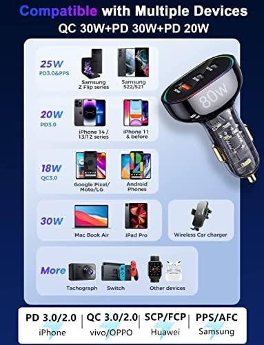 Ultra-Fast USB C Car Charger – 80 W Triple Port Adapter with Dual PD3.0 & QC30 Technology for Rapid Charging of i Phone 16, Samsung Galaxy S24, Google Pixel & More – Essential Travel Companion for Multi-Device Power Needs