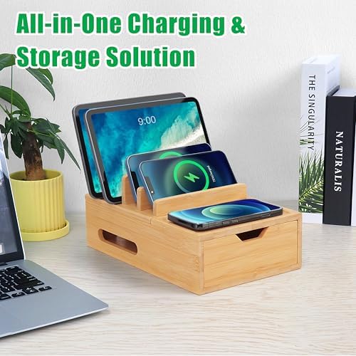 Eco-Friendly Bamboo Multi-Device Charging Station with 5-Port USB Hub, Elegant Desktop Organizer with Tray & Drawer, Includes 6 Durable Cables for Smartphones, Tablets & Smartwatches – Streamlined Power Solution for Clutter-Free Workspaces