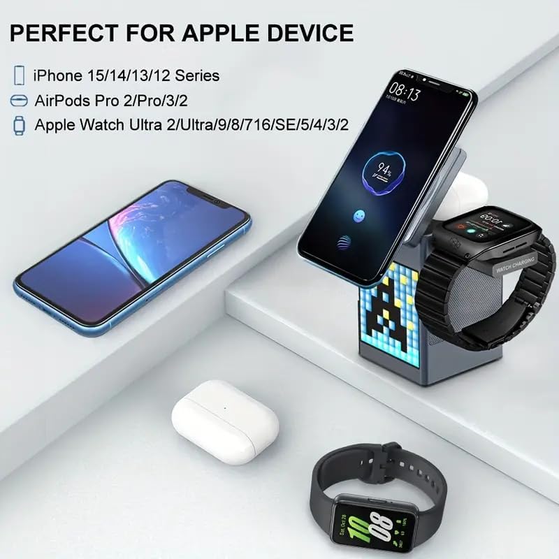 Ultimate 3-in-1 Wireless Charging Station with Bluetooth 5.3 Speaker & Adjustable Alarm Clock – 15 W Qi-Compatible Magnetic Fast Charger for 3 Devices, Enhanced Audio Experience, USB Type-C Ports, Mood Lighting & Voice Assistant Compatibility – Ideal Bedside & Desk Organizer in Sleek Black