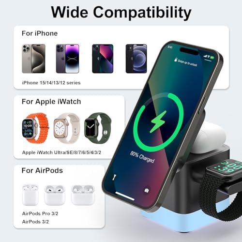 3-in-1 Fast Wireless Charging Station for Apple Devices – Efficiently Charge i Phone 15/14/13/12/16, Apple Watch & Air Pods Simultaneously – 15 W Magnetic Power, Sleek & Portable Design for Home & Travel – Ultimate Solution for Apple Enthusiasts