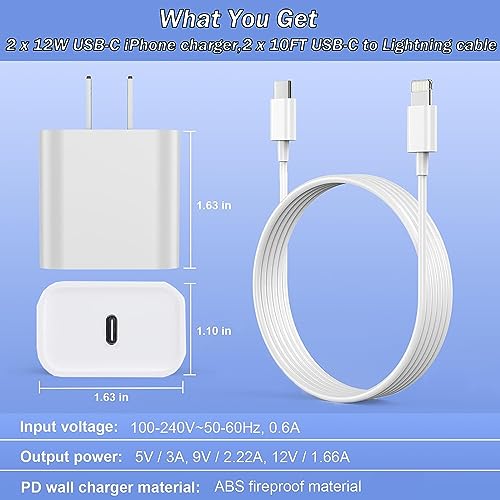 Rapid Charge Duo: Apple MFi Certified 2-Pack USB-C Wall Charger with 10 FT Type C to Lightning Cable – Fast Charging Solution for i Phone 14, 13, 12, 11, XR, X, 8, and i Pad – Ultimate Compatibility and Enhanced Speed for Your Devices
