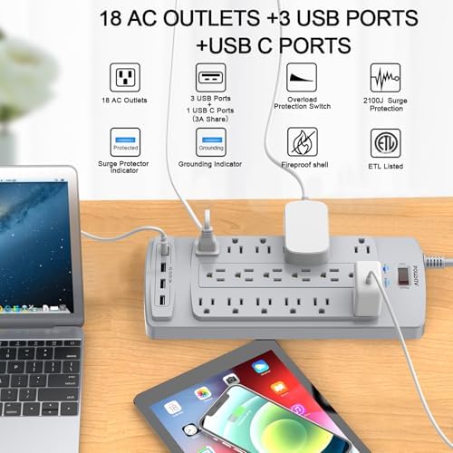 Maximize Your Power Supply with the 18-Outlet Surge Protector Power Strip – 6 Feet Heavy-Duty Extension Cord Featuring 4 Fast USB Ports, 2100 Joules of Surge Protection, and ETL Certification for Ultimate Safety and Compatibility