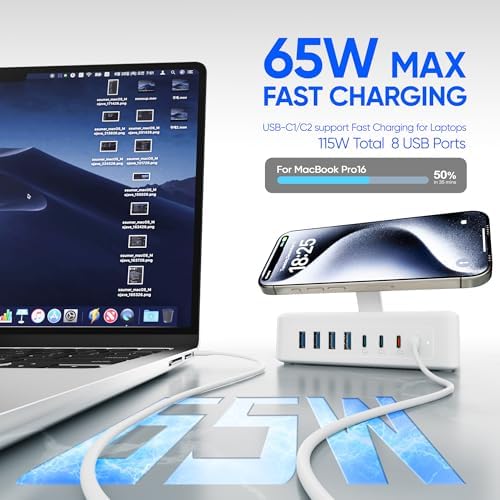 11-in-1 USB C Power Strip Charging Hub by ACOZVIN – 115 W Multi-Device Fast Charger with 2 AC Outlets, 4 USB-A & 4 USB-C Ports, 5 FT Flat Plug Cord for Mac Book, i Phone 16/15/14 – Ideal Desktop Solution for Home & Office Power Needs