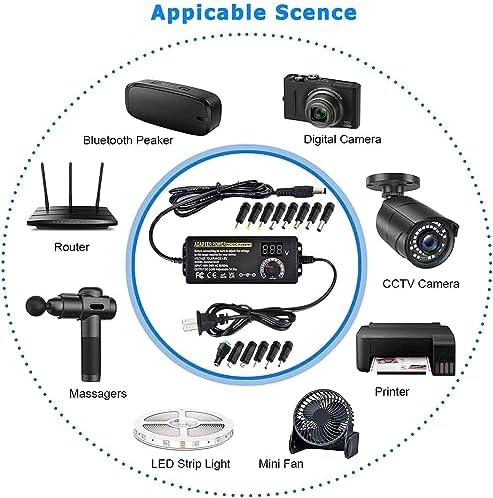 Versatile Adjustable DC Power Supply 3 V-24 V with Digital Voltage Display and 14 Interchangeable Tips – High-Efficiency Universal AC/DC Adapter for Global Use, 3 A 72 W Output for Reliable Device Compatibility