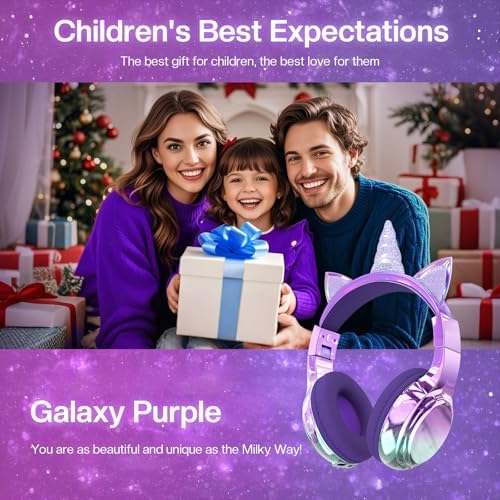 Elevate Your Child’s Listening Experience with Qear Fun Purple Cat Ear Bluetooth Headphones – 60 Hours of Playtime, Safe Volume Control (74/85/94 d B), Ultra-Portable Foldable Design, Advanced Bluetooth 5.3 Connectivity, and Built-in Mic for Girls – Perfect for School, Travel, and On-the-Go Fun