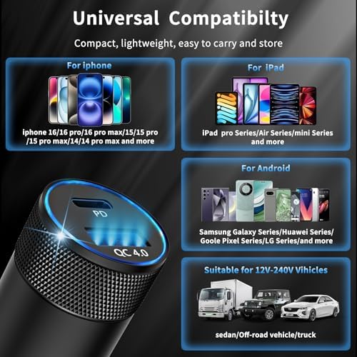 Dual-Port 48 W Fast USB C Car Charger for i Phone 15/16 & Samsung Galaxy – Universal Compatibility & Enhanced Safety Features for Rapid Device Charging on the Go – Compact Cigarette Lighter Adapter for All USB-C Gadgets and Accessories
