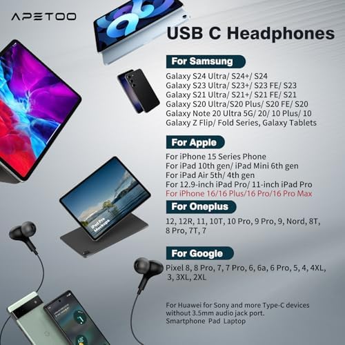 Magnetic USB C Earbuds for Samsung Galaxy S24 Ultra, S23 FE, S22, S21, A54, A53 & i Phone 16, 15 Pro Max – Noise Isolating Wired Headphones with Microphone and Volume Control for Enhanced Audio Experience – Perfect for Music Lovers and Professionals