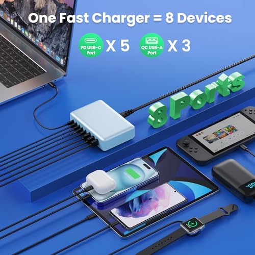 Revolutionary 300 W Ga N IV Technology USB-C Charging Hub – 8-Port Multi-Device Charger for Mac Book Pro/Air, DELL Laptops, i Phone 16/15/14 & Galaxy S25 – Sleek Navy Finish for Enhanced Home & Office Efficiency – Your Premier Solution for Rapid Device Power and Seamless Connectivity