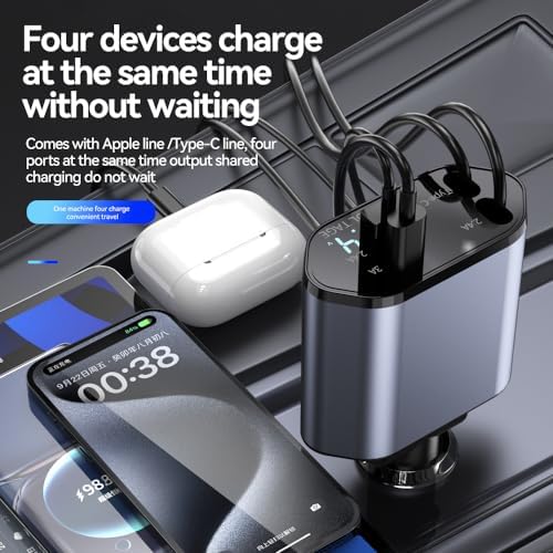 2025 Upgraded 4-in-1 Retractable Car Charger – Dual USB Ports with Fast Charging (Max 66 W) for i Phone 16/15/14/13/12 Pro Max & Samsung Galaxy Fold/S Series, Effortless Device Compatibility and Storage Solution