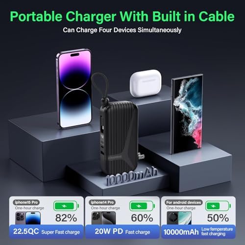 Compact 27 W Fast Charging Power Bank with Built-in Cables – 10,000 m Ah Portable Charger for i Phone & Android – Effortless Multi-Device Charging with 4 Outputs & 2 Inputs – Essential Travel Battery Pack for i Phone 16/15/14 and Newer – Durable Design for On-the-Go Energy Solutions