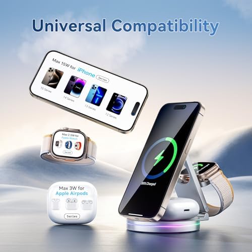 Sleek 3-in-1 Wireless Charging Station for Apple Devices – 15 W Fast Mag-Safe Qi-Certified Portable Charger Stand for i Phone 12/13/14, Apple Watch & Air Pods Pro/2/3 – Adjustable Viewing Angle & Compact Design in Elegant Silver Finish – Ultimate Convenience for Home and Office Use