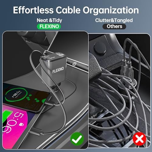 Flexino 69 W Retractable Car Charger for i Phone 16 & Galaxy – Dual USB-C Fast Charging Adapter with 2.6 ft Cords for Seamless Road Power – Compact, Stylish, and Versatile Car Charger Accessory for All Devices
