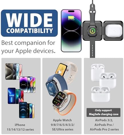 Revolutionary 3-in-1 Foldable Apple Charging Station: Compact Magnetic Dock for i Phone, Air Pods & i Watch – Travel-Ready Power Hub with Adaptor & Protective Case (Chic White) – Enhanced Speed for Seamless Device Compatibility and Streamlined Charging Solutions