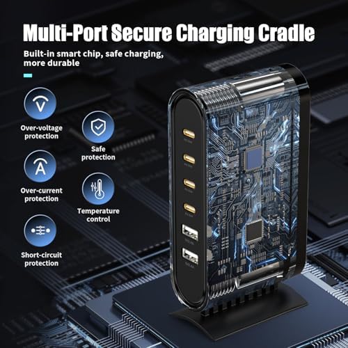 6-in-1 USB C Fast Charging Station Hub – Universal Desktop Charger for i Phone 16/15/14/13 Pro Max, i Pad Air, Mac Book & Samsung Galaxy S24+/S23 Ultra – High-Speed Multiport Power Adapter with Smart Charging Technology & Safety Features for Home & Travel