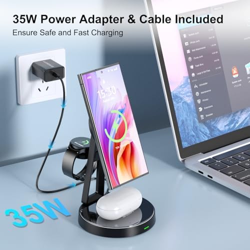 3-in-1 Wireless Charging Station for Samsung and Apple – Enhanced Fast Charging for Galaxy Watch 7/6/5, Air Pods & i Phone 15/14/13/12 – Magnetic Alignment and Versatile Design for Efficient Power Management – Perfect for Home, Office, and Travel – Comprehensive Safety Features Included – Ideal for Neat and Organized Charging Solutions