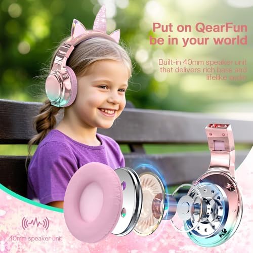 Elevate Your Child’s Listening Experience with Qear Fun Purple Cat Ear Bluetooth Headphones – 60 Hours of Playtime, Safe Volume Control (74/85/94 d B), Ultra-Portable Foldable Design, Advanced Bluetooth 5.3 Connectivity, and Built-in Mic for Girls – Perfect for School, Travel, and On-the-Go Fun