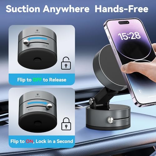 Magnetic Car Phone Mount – Ultra Strong Vacuum Suction Phone Holder for Dashboard/Windshield, Foldable 360° Adjustable Car Phone Mount Compatible with iPhone 16/15/14 & All Smartphones-817001A – Enhanced Compatibility and Speed