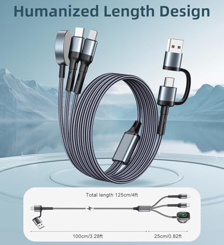 4 FT USB-C Multi-Device Charging Cable Duo for Apple Watch and i Phone – Superior 3-in-2 Charging Solution for i Watch Models and i Phone 16/15/14/13/12/11 & Galaxy S23 – Enhanced Rapid Charging, Exceptional Durability, and Total Convenience for Mobile Users