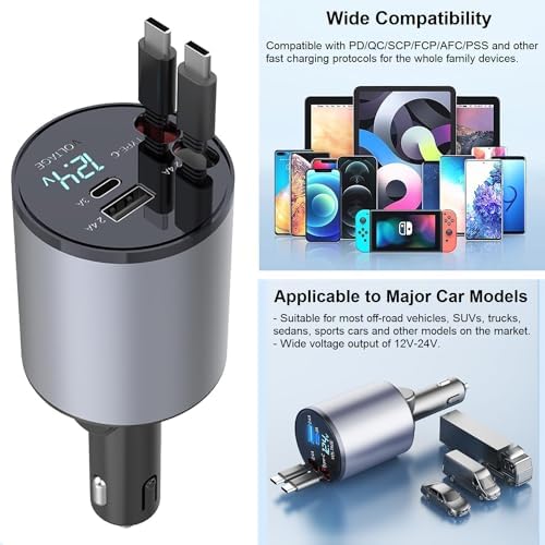 Ultimate 4-in-1 Retractable Car Charger – Fast 66 W USB C & Lightning Adapter for i Phone 15/14/13/12 Pro Max, Galaxy S24/S23, Pixel & Tablets – Compact, Durable Multi-Device Charging Solution for Road Trips and Daily Commutes