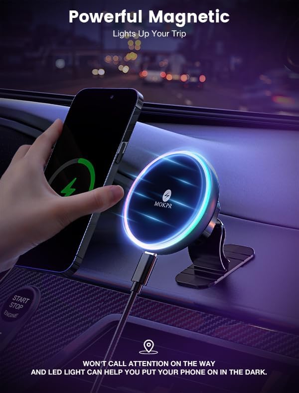 MOKPR 15 W Mag Safe Car Charger & Magnetic Phone Holder – Effortless Fast Wireless Charging with Dynamic LED RGB Lighting for i Phone 15/14/13/12 Series – Stylish Dash & Air Vent Mount for Enhanced Driving Experience and Convenient Accessibility