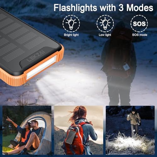 Lekzai 20,000 m Ah Solar Power Bank – Advanced Wireless Fast Charger with USB-C PD 20 W, Outdoor-Ready External Battery Pack Featuring LED Flashlight for Camping & Adventures in Vibrant Orange – Ultimate Compatibility & Speed for All Devices