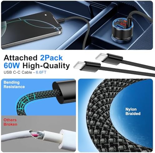 Rapid Charge Dual Pack: 65 W 4-Port USB-C Car Charger for i Phone 16/16 e/15 & Galaxy Devices with Integrated Voltmeter & 6 FT Cable – Ultimate Multi-Device Power Solution for On-the-Go Charging