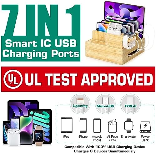 Sustainable Bamboo USB Charging Hub with 7 Ports – Elegant Multi-Device Organizer for Smartphones, Tablets, Smartwatches, and Earbuds – Fast Charging Solution with Dedicated Holders for Tidy Power Management and Stylish Home Décor