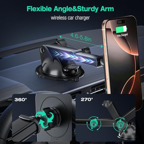 Mag Safe Car Mount Charger – 15 W Fast Wireless Charging Phone Holder for i Phone 16/15/14/13/12 Pro Max Plus – Secure Magnetic Fit for Dashboard, Windshield, Air Vent & Desk – Ultimate Convenience for Bumpy Roads – Enhanced Compatibility & Speed for Modern Drivers