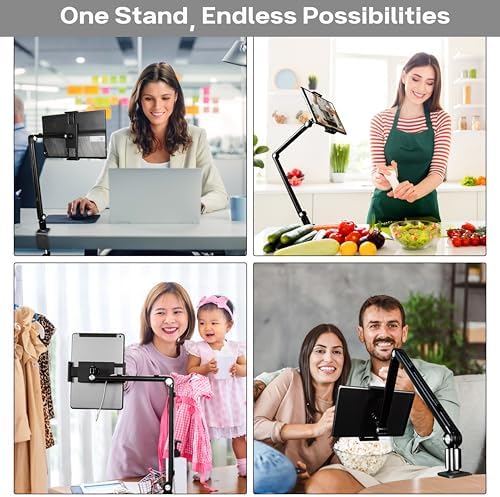 Aluminum Phone and Tablet Stand- Adjustable 360° Rotation, Cable Management, Stable Base, Black – Fits 16″ Portable Monitors, iPads, iPhones. Hands-Free Use for Desk, Office, or Home – Enhanced Compatibility and Speed