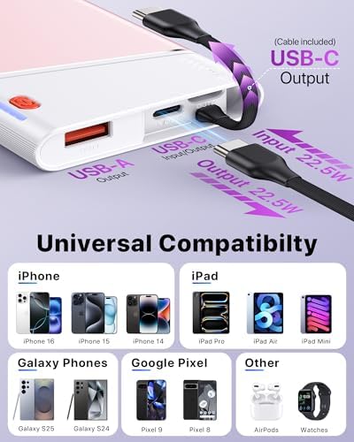 Ultra-Slim 10000 m Ah Power Bank with 22.5 W PD Fast Charging – Built-in USB-C Cable for i Phone 16/15/14, Samsung S24 & More – Lightweight Travel Essential with 15-Layer Safety Protection & Multiple Device Charging Capability