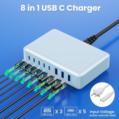 Revolutionary 300 W Ga N IV Technology USB-C Charging Hub – 8-Port Multi-Device Charger for Mac Book Pro/Air, DELL Laptops, i Phone 16/15/14 & Galaxy S25 – Sleek Navy Finish for Enhanced Home & Office Efficiency – Your Premier Solution for Rapid Device Power and Seamless Connectivity
