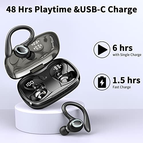 Rulefiss Bluetooth 5.3 Wireless Earbuds with Sport Earhooks – IP7 Waterproof Noise Cancelling Headphones for Hi-Fi Sound, 48 Hours Playtime, Dual LED Battery Display, Secure Fit for Active Lifestyles and Everyday Use
